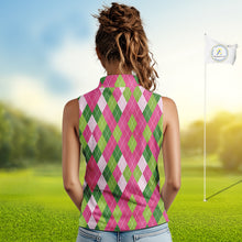 Load image into Gallery viewer, Pink and Green argyle pattern Women Sleeveless polos custom golf jerseys, personalized golf apparel NQS10408