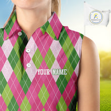 Load image into Gallery viewer, Pink and Green argyle pattern Women Sleeveless polos custom golf jerseys, personalized golf apparel NQS10408