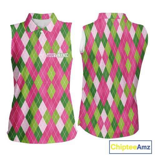 Pink and Green argyle pattern Women Sleeveless polos custom golf jerseys, personalized golf apparel NQS10408