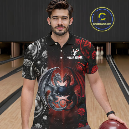 Red Dragon Roses Pattern Custom Bowling Polo, Quarter Zip shirts For Men, Dragon Bowling League Shirt NQS10626
