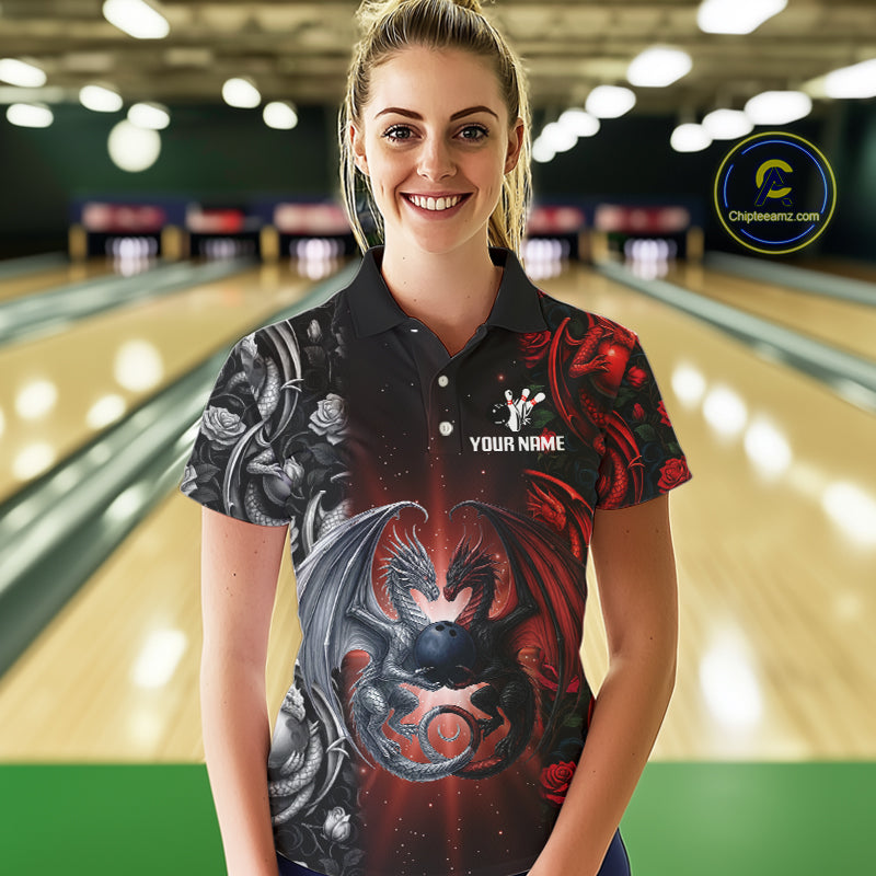 Red Dragon Roses Pattern Custom Bowling Polo, 1/4 Zip shirts For Women, Dragon Bowling League Shirt NQS10626