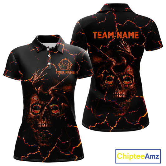 Black And Orange Skull Dragon Bowling Polo, 1/4 Zip Shirt For Women Custom Bowling Team League Jersey NQS10629