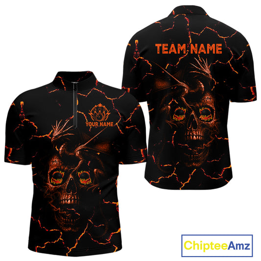 Black And Orange Skull Dragon Bowling Polo, 1/4 Zip Shirt For Men Custom Bowling Team League Jersey NQS10629