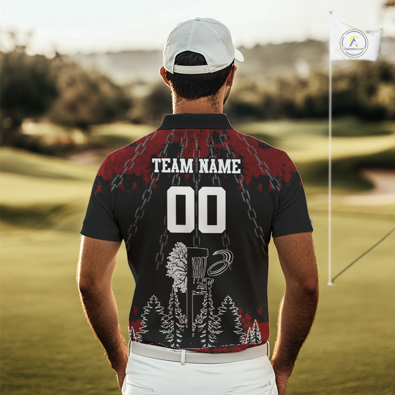 Black and Red Disc golf basket chain Men disc golf polo shirt custom number disc golf outfit for team NQS10438