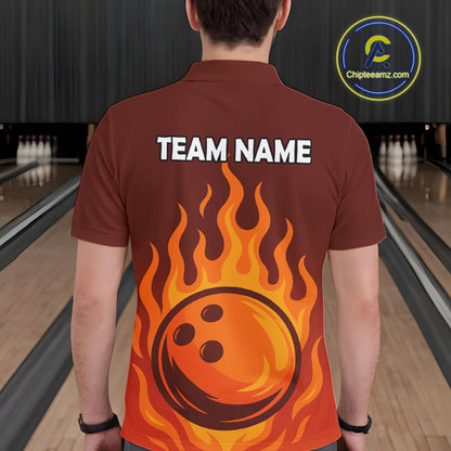 Orange Flame Bowling Polo, Quarter Zip Shirts for Men Custom Bowling Team League Jersey NQS10445