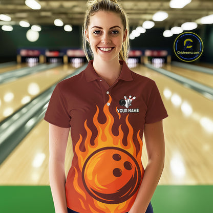 Orange Flame Bowling Polo, Quarter Zip Shirts for Women Custom Bowling Team League Jersey NQS10445