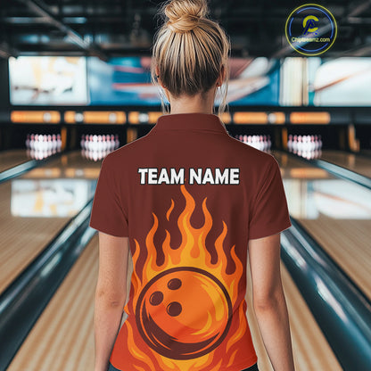 Orange Flame Bowling Polo, Quarter Zip Shirts for Women Custom Bowling Team League Jersey NQS10445
