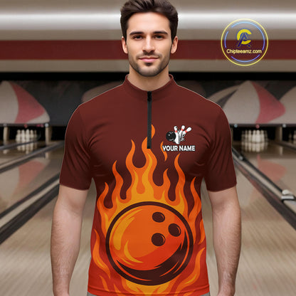 Orange Flame Bowling Polo, Quarter Zip Shirts for Men Custom Bowling Team League Jersey NQS10445