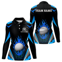 Load image into Gallery viewer, Black and Blue Flame Golf Ball Women golf polo shirts custom golf attire for ladies, best golf gifts NQS10448