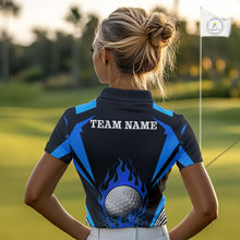 Load image into Gallery viewer, Black and Blue Flame Golf Ball Women golf polo shirts custom golf attire for ladies, best golf gifts NQS10448