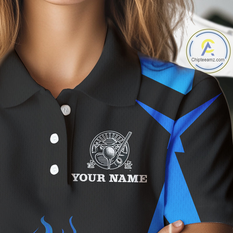Black and Blue Flame Golf Ball Women golf polo shirts custom golf attire for ladies, best golf gifts NQS10448