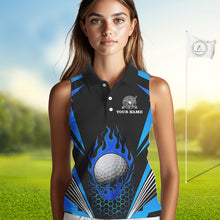 Load image into Gallery viewer, Black and Blue Flame Golf Ball Women sleeveless polo shirt custom golf attire for ladies NQS10448