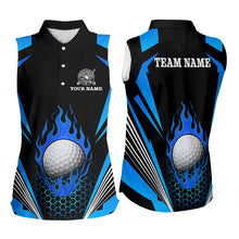 Load image into Gallery viewer, Black and Blue Flame Golf Ball Women sleeveless polo shirt custom golf attire for ladies NQS10448