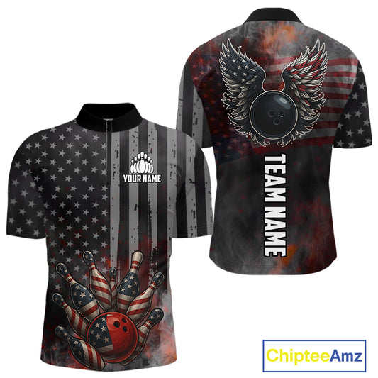 Black Smoke American Flag Bowling wings Shirts For Men Custom Patriotic Bowling Team League Jersey NQS10632