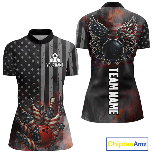 Black Smoke American Flag Bowling wings Shirts For Women Custom Patriotic Bowling Team League Jersey NQS10632