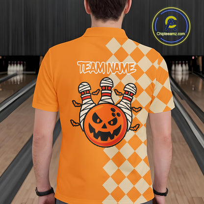 Orange Argyle Pattern Custom Halloween Mens Bowling Shirts, Personalized Bowling Team Shirt NQS10466