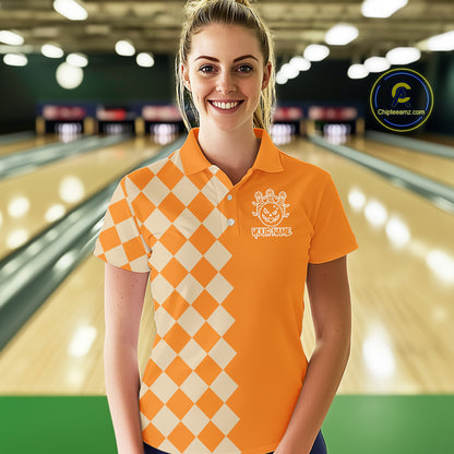 Orange Argyle Pattern Custom Halloween Ladies Bowling Shirts, Personalized Bowling Team Shirt NQS10466