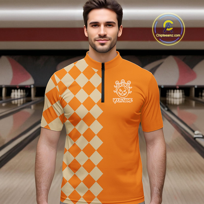 Orange Argyle Pattern Custom Halloween Mens Bowling Shirts, Personalized Bowling Team Shirt NQS10466