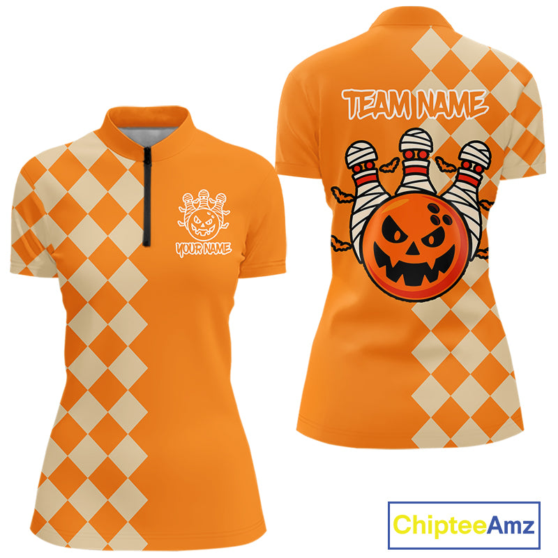 Orange Argyle Pattern Custom Halloween Ladies Bowling Shirts, Personalized Bowling Team Shirt NQS10466
