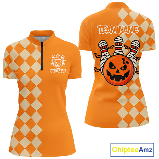 Orange Argyle Pattern Custom Halloween Ladies Bowling Shirts, Personalized Bowling Team Shirt NQS10466