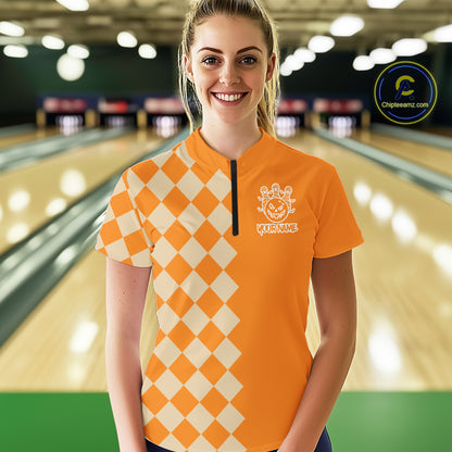 Orange Argyle Pattern Custom Halloween Ladies Bowling Shirts, Personalized Bowling Team Shirt NQS10466