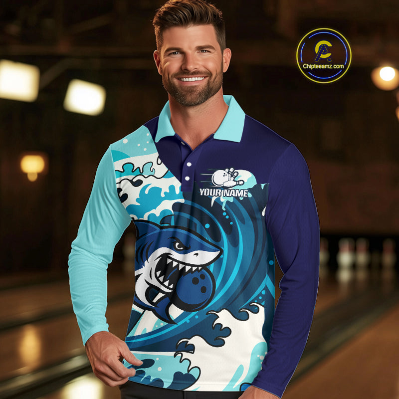 Custom Blue Shark Bowling Polo, Quarter Zip Shirts For Men, Personalized Shark Bowling Team Shirt NQS10469