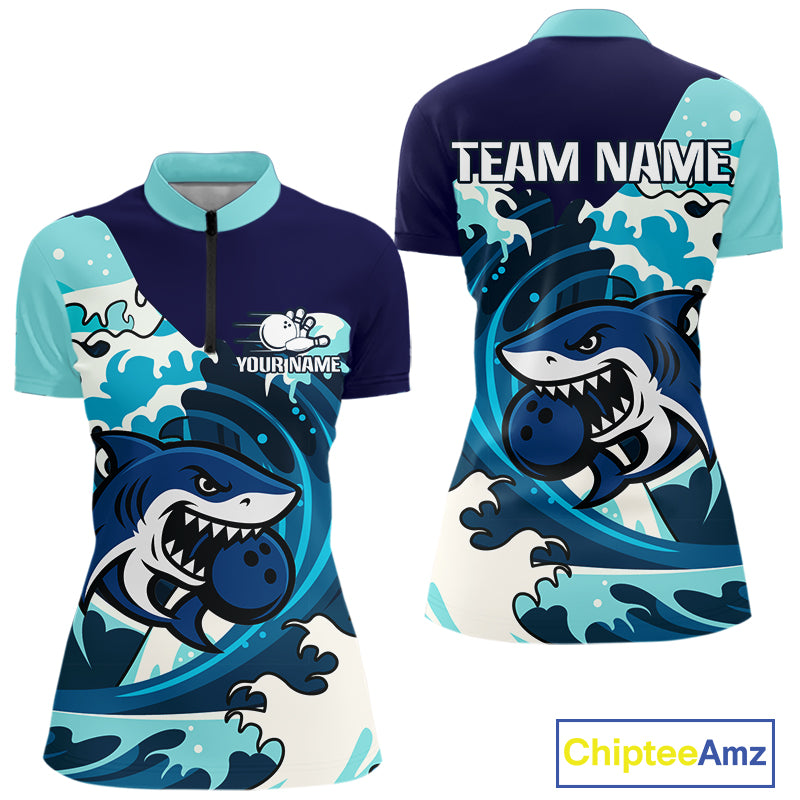 Custom Blue Shark Bowling Polo, Quarter Zip Shirts For Ladies, Personalized Shark Bowling Team Shirt NQS10469