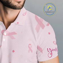 Load image into Gallery viewer, Pink glitter ribbons pattern Mens golf polo shirt Custom Breast Cancer Awareness golf outfit for men NQS10514