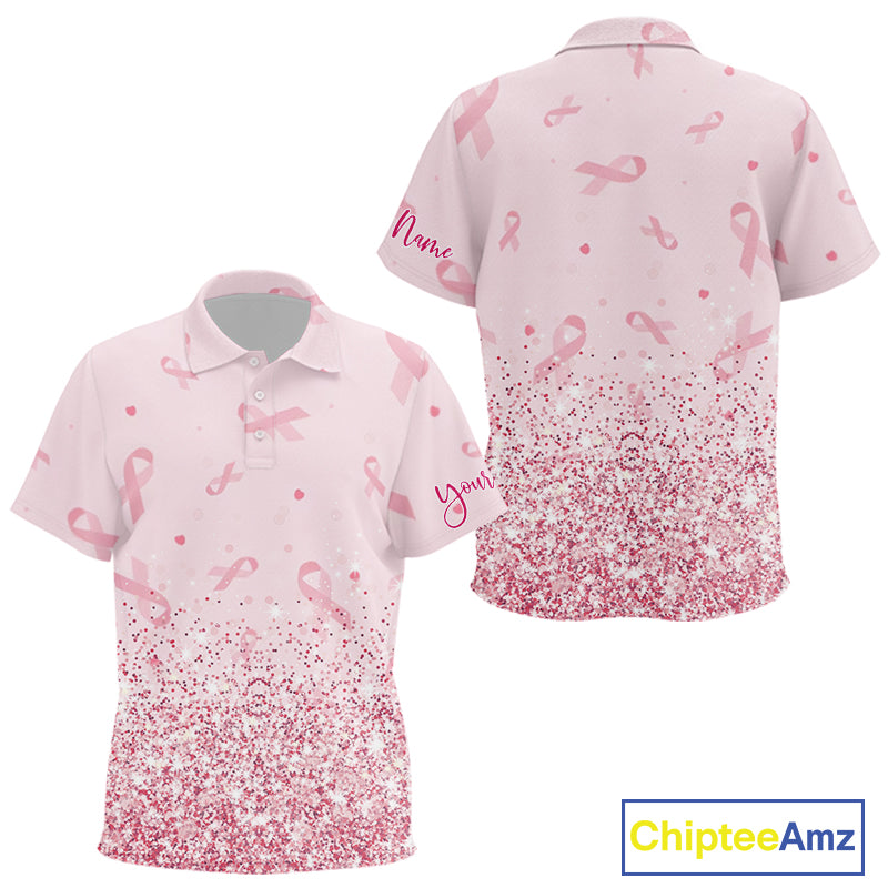Pink glitter ribbons pattern Kid golf polo shirt Custom Breast Cancer Awareness Kid golf outfit NQS10514