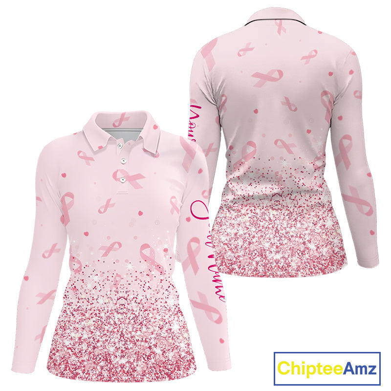 Pink glitter ribbons pattern Women golf polo shirt Custom Breast Cancer Awareness ladies golf outfit NQS10514