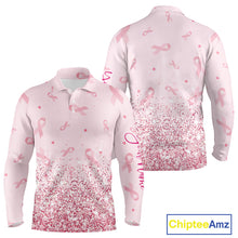Load image into Gallery viewer, Pink glitter ribbons pattern Mens golf polo shirt Custom Breast Cancer Awareness golf outfit for men NQS10514