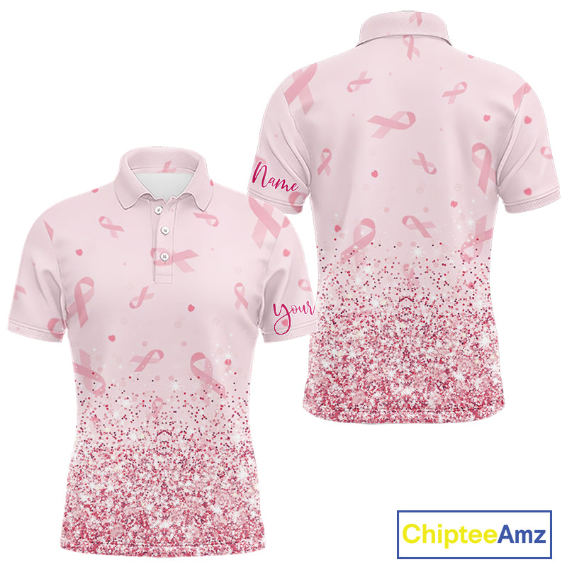 Pink glitter ribbons pattern Mens golf polo shirt Custom Breast Cancer Awareness golf outfit for men NQS10514