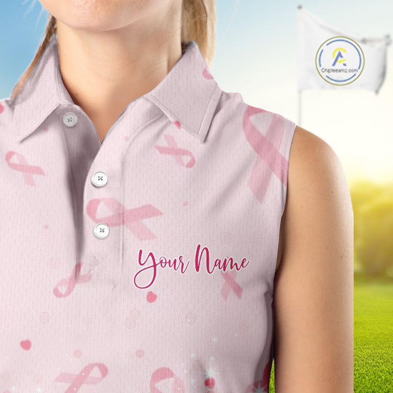 Pink glitter ribbons pattern Sleeveless polo shirt Custom Breast Cancer Awareness ladies golf outfit NQS10514