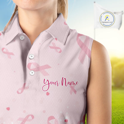 Pink glitter ribbons pattern Sleeveless polo shirt Custom Breast Cancer Awareness ladies golf outfit NQS10514