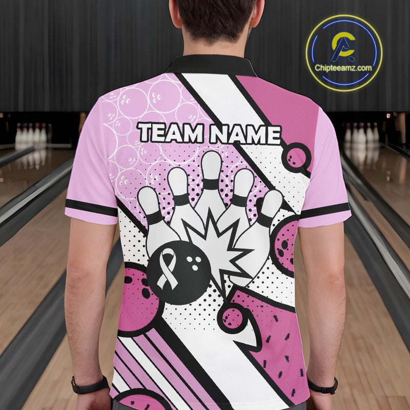 Personalized Pink Ribbons Camo Bowling Shirts For Men, Custom breast cancer bowling Team shirts NQS10533