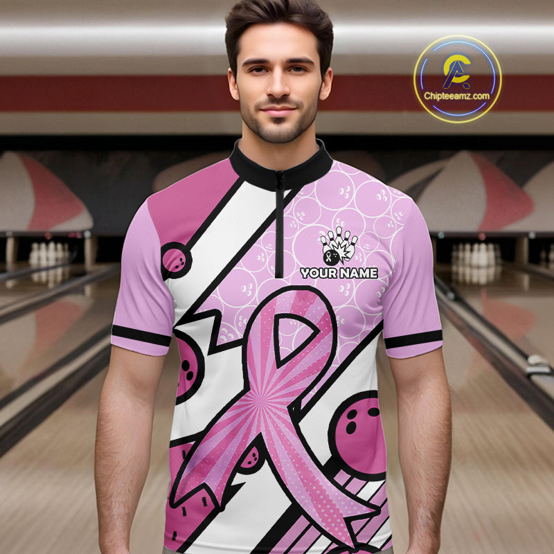 Personalized Pink Ribbons Camo Bowling Shirts For Men, Custom breast cancer bowling Team shirts NQS10533