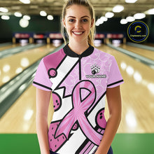 Load image into Gallery viewer, Personalized Pink Ribbons Camo Bowling Shirts For Women, Custom breast cancer bowling Team shirts NQS10533