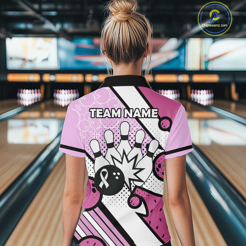 Personalized Pink Ribbons Camo Bowling Shirts For Women, Custom breast cancer bowling Team shirts NQS10533