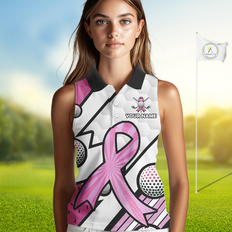 Personalized Pink Ribbons Camo Sleeveless polo Shirt for Women, Custom breast cancer Golf Team shirts NQS10534