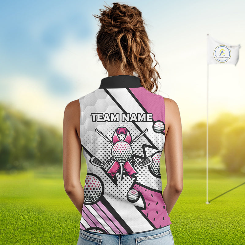 Personalized Pink Ribbons Camo Sleeveless polo Shirt for Women, Custom breast cancer Golf Team shirts NQS10534