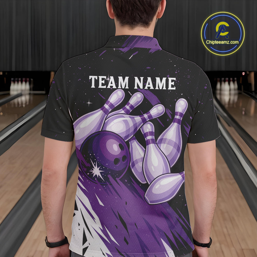 Custom Black And Purple Galaxy Bowling Team Polo, 1/4 Zip Shirt For Men, Personalized Bowling Jerseys NQS10544
