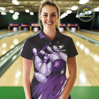 Custom Black & Purple Galaxy Bowling Team Polo, 1/4 Zip Shirt For Women, Personalized Bowling Jerseys NQS10544