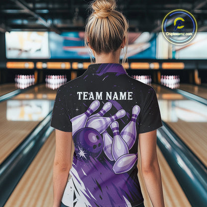 Custom Black & Purple Galaxy Bowling Team Polo, 1/4 Zip Shirt For Women, Personalized Bowling Jerseys NQS10544