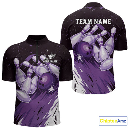 Custom Black And Purple Galaxy Bowling Team Polo, 1/4 Zip Shirt For Men, Personalized Bowling Jerseys NQS10544