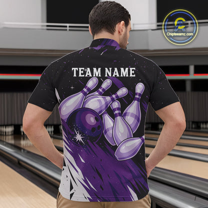 Custom Black And Purple Galaxy Bowling Team Polo, 1/4 Zip Shirt For Men, Personalized Bowling Jerseys NQS10544