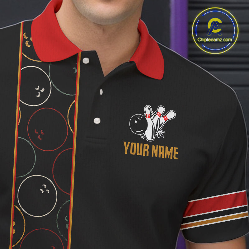 Custom Retro Black Mens Bowling Polo, Quarter Zip shirts, Personalized vintage bowling team jerseys NQS10548