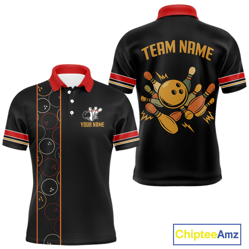 Custom Retro Black Mens Bowling Polo, Quarter Zip shirts, Personalized vintage bowling team jerseys NQS10548
