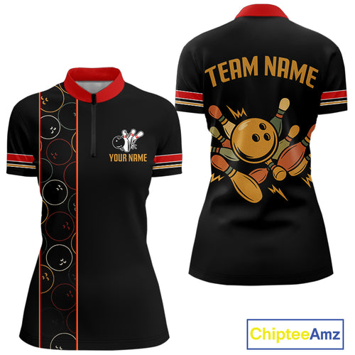 Custom Retro Black Womens Bowling Polo, Quarter Zip shirts, Personalized vintage bowling team jerseys NQS10548
