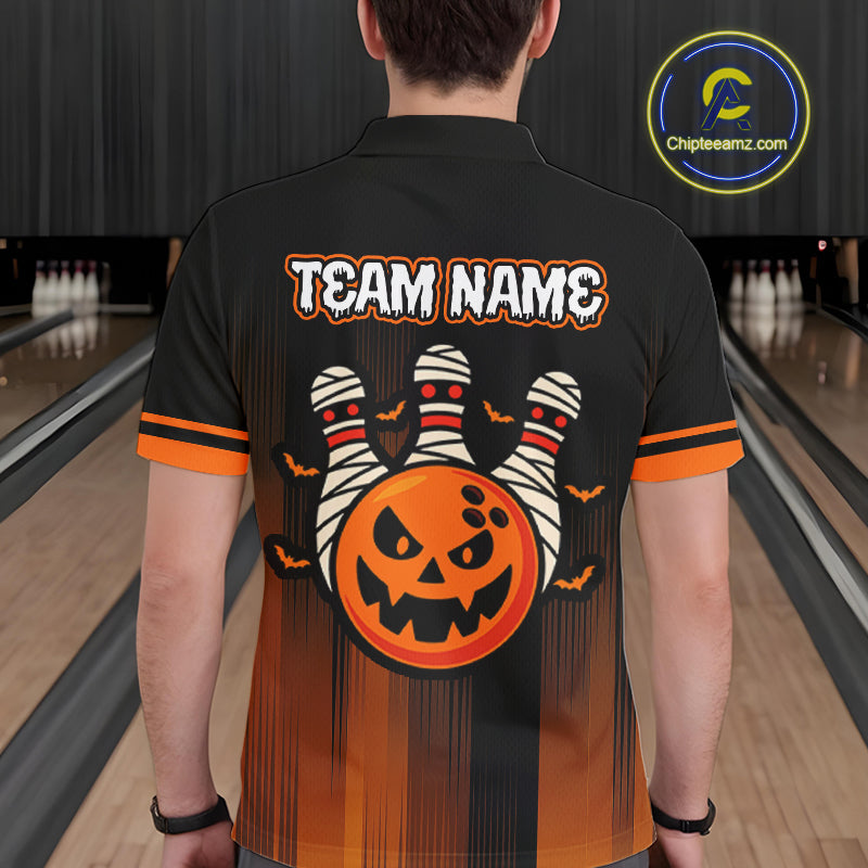 Custom Orange and Black Funny Pumpkin Ball pins Mens Bowling Team Shirts, Halloween Bowling Outfit NQS10564