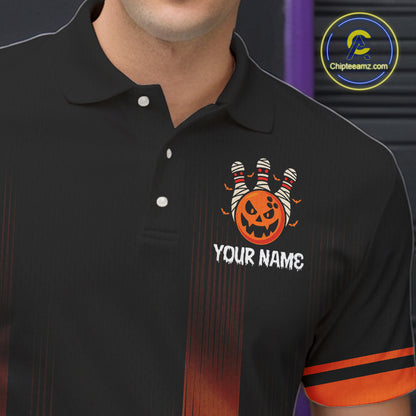 Custom Orange and Black Funny Pumpkin Ball pins Mens Bowling Team Shirts, Halloween Bowling Outfit NQS10564